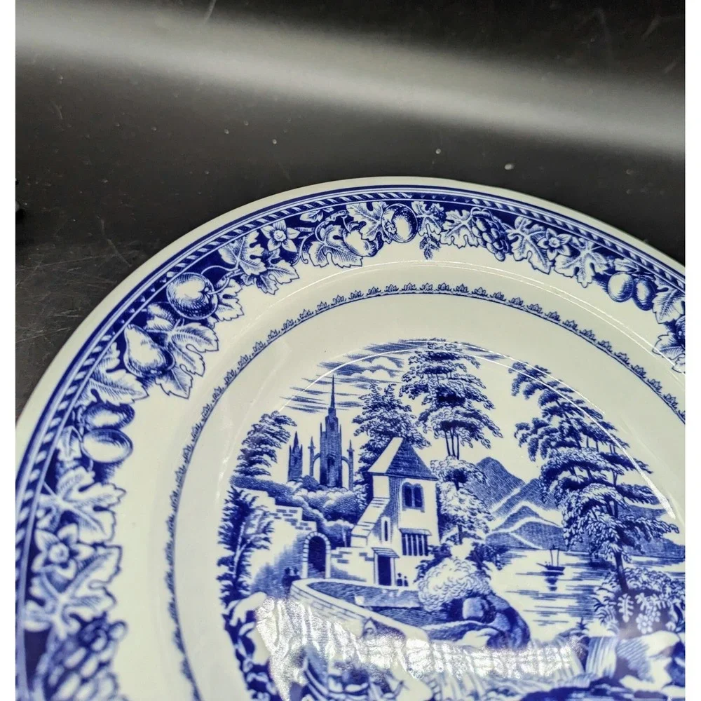 Italian Porcelain Blue & White Transfer Rim Soup Bowls Village Scene Set/3 Italy